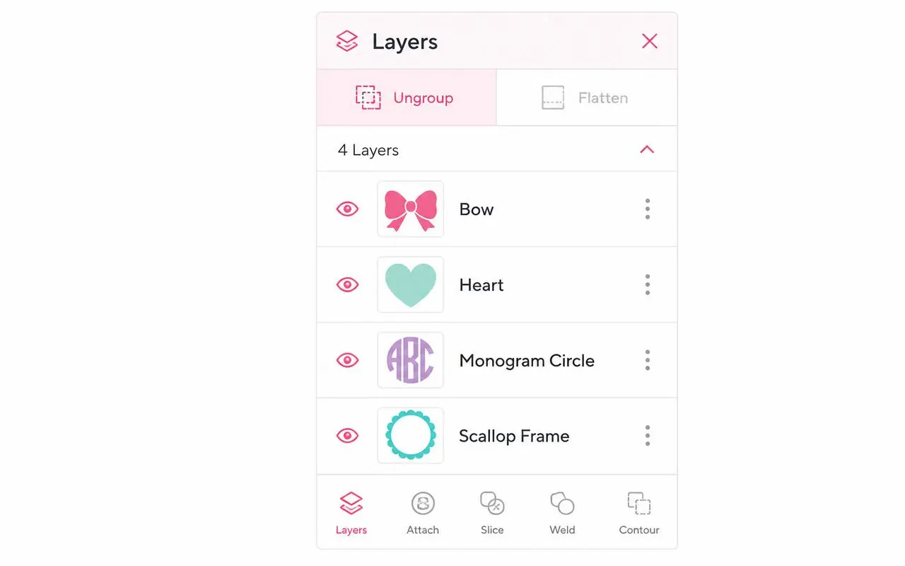 Layers panel showing four separate colored layers of a cut file with Ungroup available and Flatten greyed out