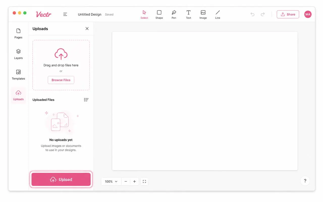 Cricut Design Space upload panel with the Upload button highlighted at the bottom of the left sidebar and a Browse Files drop zone open